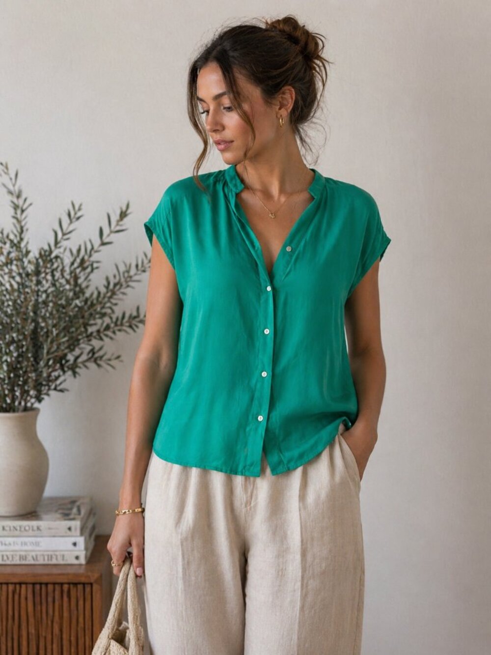 Max Studio 100% Silk Blouse Teal Green Women XL Minimalist Lightweight Top